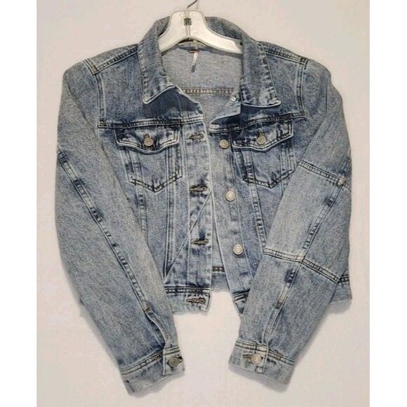 Free People Rumors Acid Washed Indigo Denim Jean Trucker Jacket Medium - Picture 14 of 15